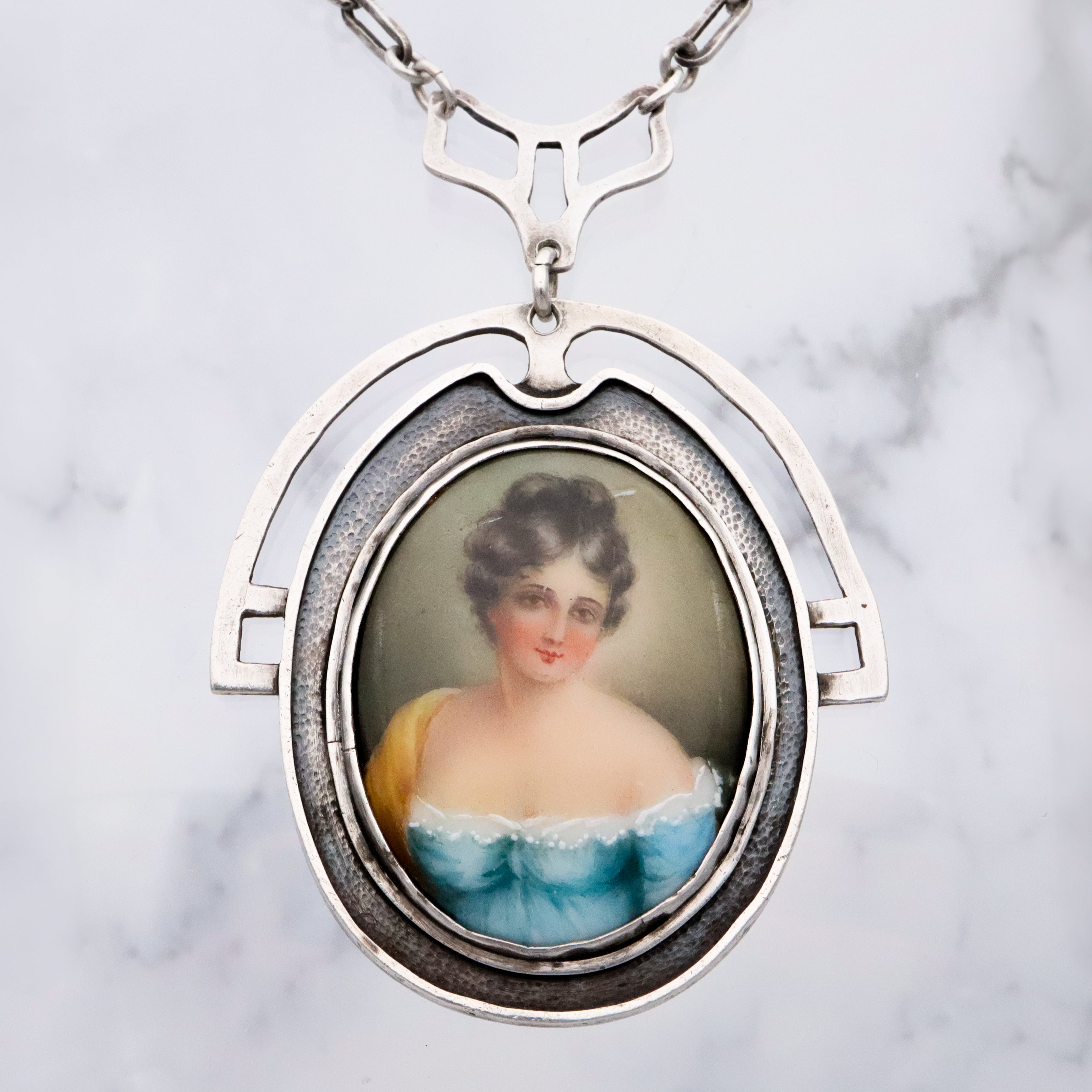 Antique Arts & Crafts hand painted portrait pendant sterling necklace